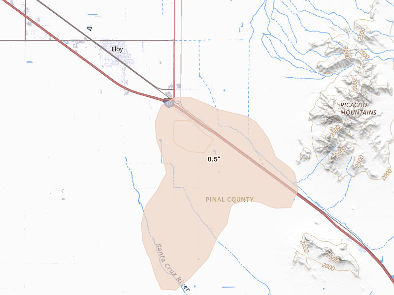 Radar-estimated hail-size map of the storm over Picacho, AZ on Aug 23, 2026
