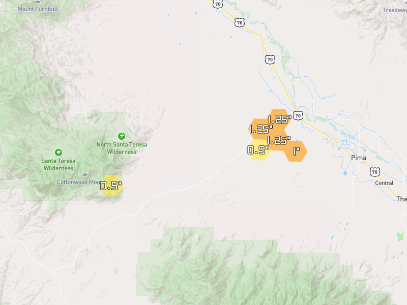 Hail map of Pima, AZ on Jun 3, 2026, hail up to 1.25"