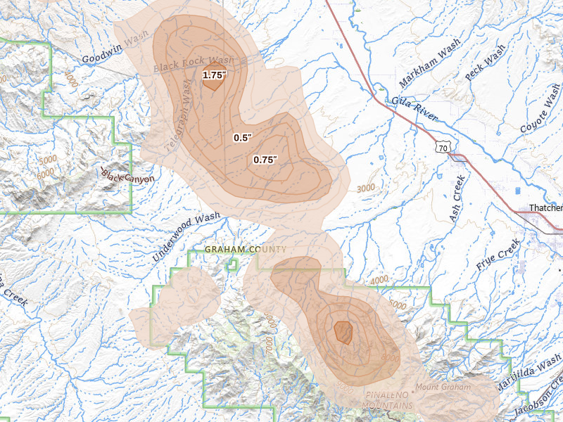 Radar-estimated hail-size map of the storm over Pima, AZ on Aug 10, 2026