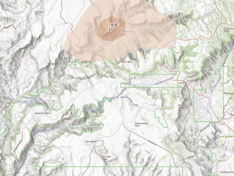 Radar-estimated hail-size map of the storm over Pine, AZ on Sep 11, 2026