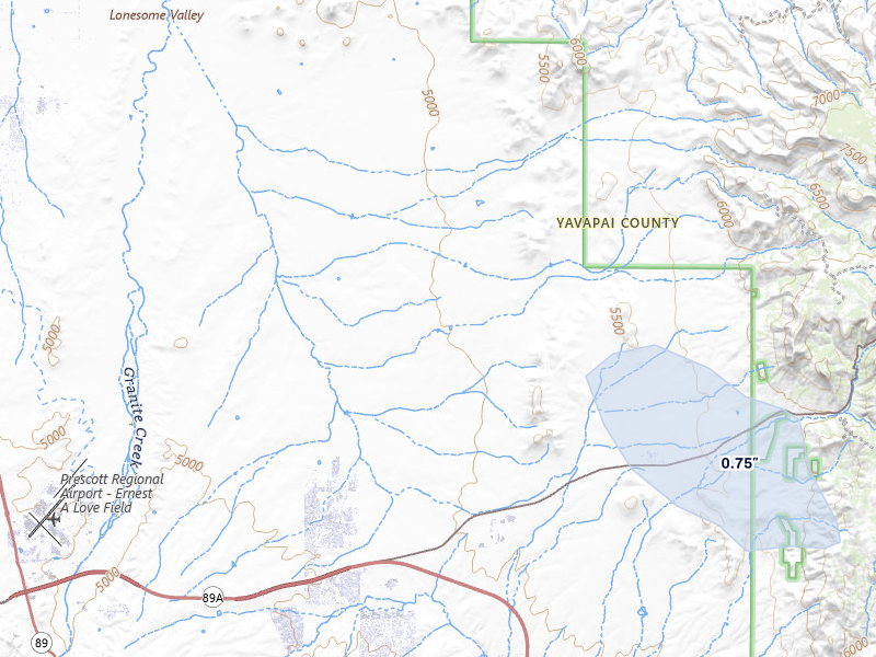 NEXRAD radar-signature map of the hail storm over Prescott Valley, AZ on Jul 12, 2026