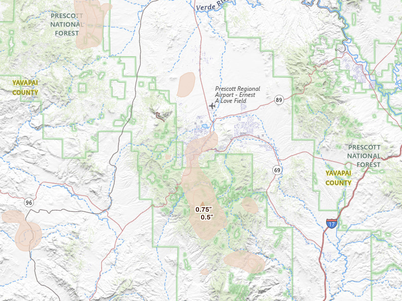 Radar-estimated hail-size map of the storm over Prescott, AZ