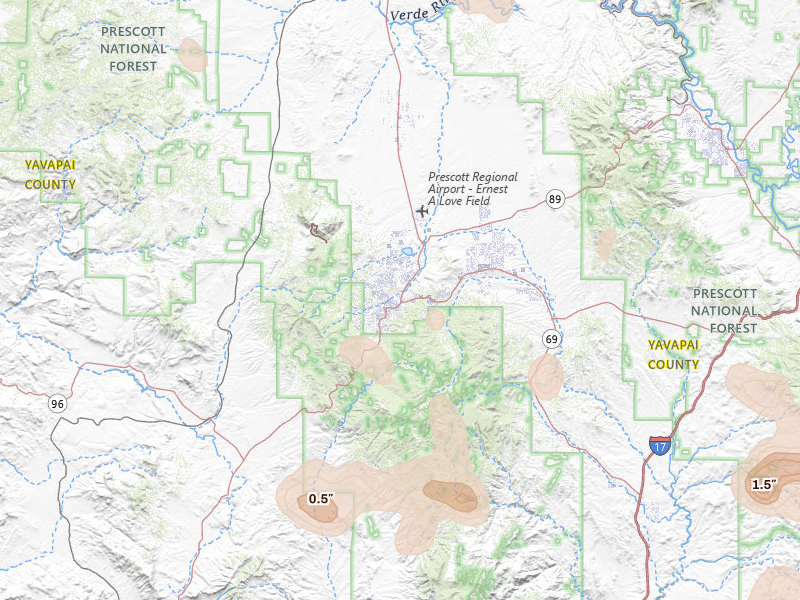 Radar-estimated hail-size map of the storm over Prescott, AZ on Jul 12, 2026