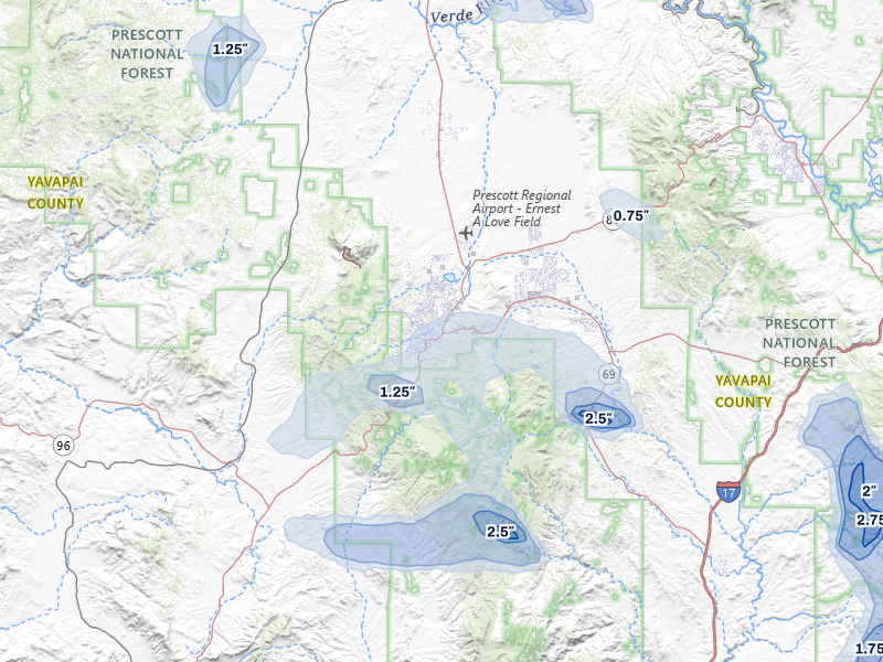NEXRAD radar-signature map of the hail over Prescott, AZ