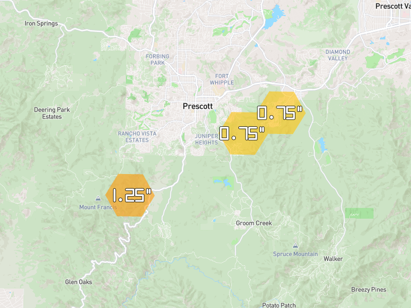 Hail map of Prescott, AZ on Jul 12, 2026, hail up to 1.25"