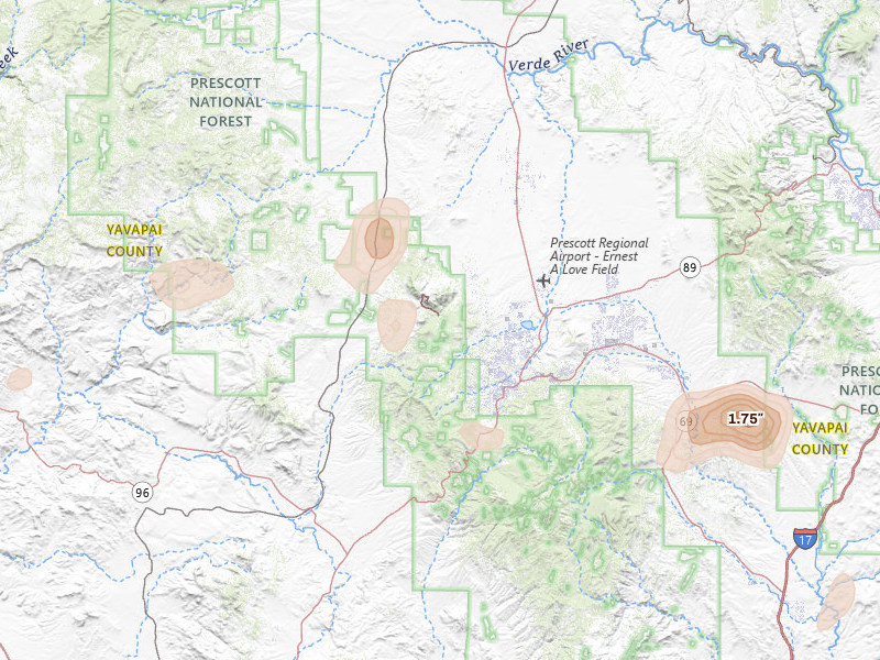 Radar-estimated hail-size map of the storm over Prescott, AZ on Aug 8, 2026