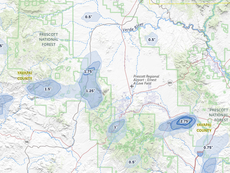 NEXRAD radar-signature map of the hail storm over Prescott, AZ on Aug 8, 2026