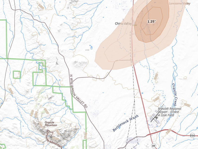 Radar-estimated hail-size map of the storm over Prescott, AZ on Aug 14, 2026