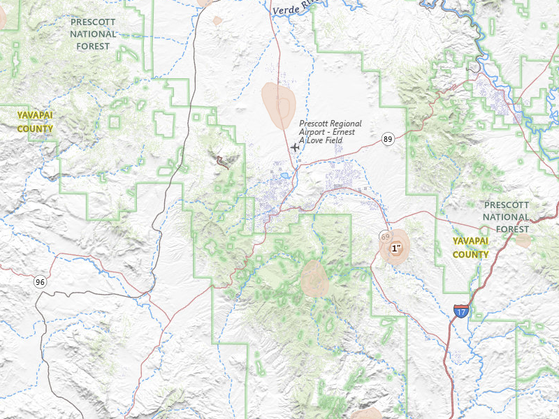 Radar-estimated hail-size map of the storm over Prescott, AZ on Aug 20, 2026