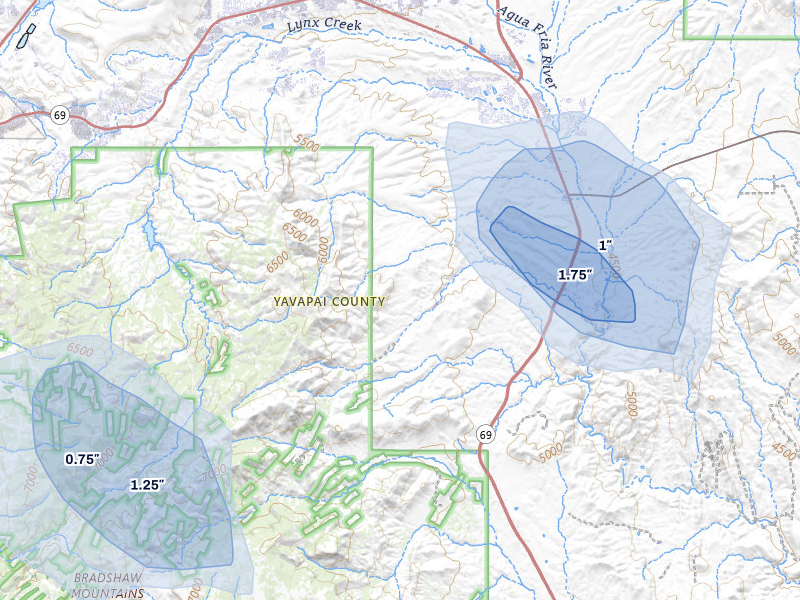 NEXRAD radar-signature map of the hail storm over Prescott, AZ on Aug 20, 2026