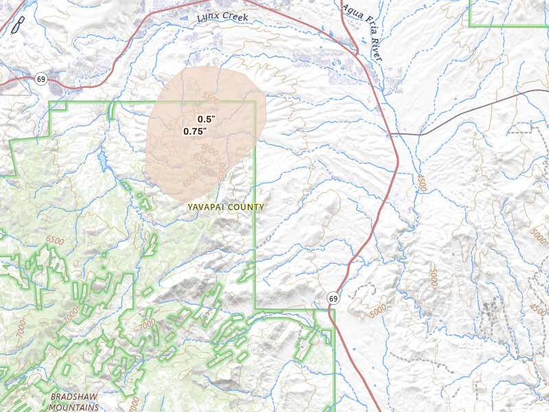 Radar-estimated hail-size map of the storm over Prescott, AZ on Aug 23, 2026