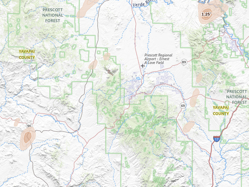 Radar-estimated hail-size map of the storm over Prescott, AZ on Aug 29, 2026