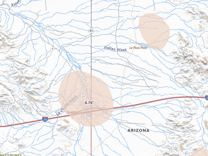 Radar-estimated hail-size map of the storm over Quartzsite, AZ on Aug 9, 2026