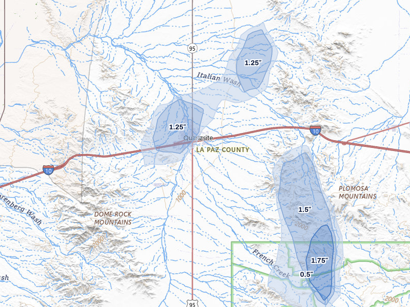 NEXRAD radar-signature map of the hail storm over Quartzsite, AZ on Aug 9, 2026