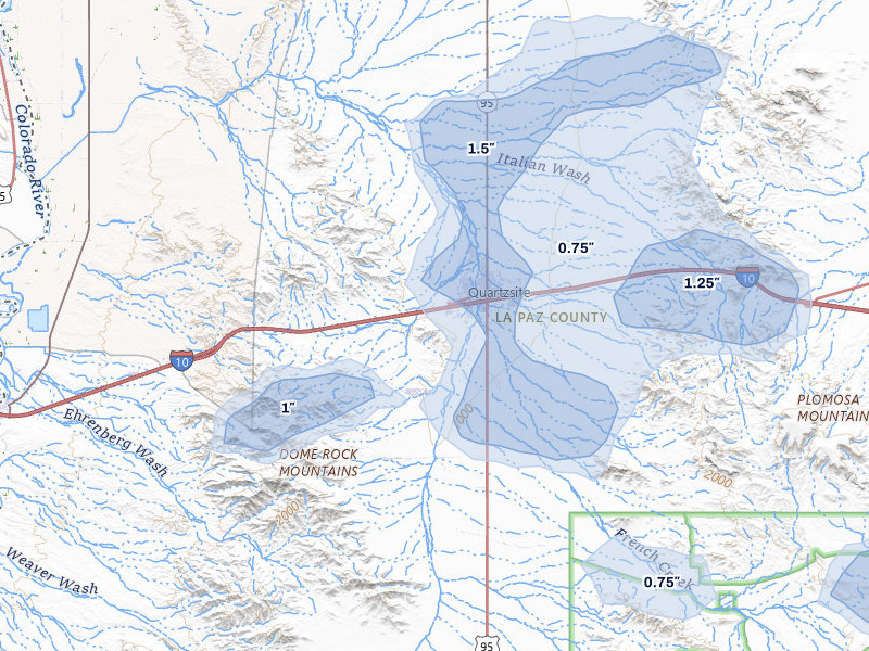 NEXRAD radar-signature map of the hail storm over Quartzsite, AZ on Aug 12, 2026