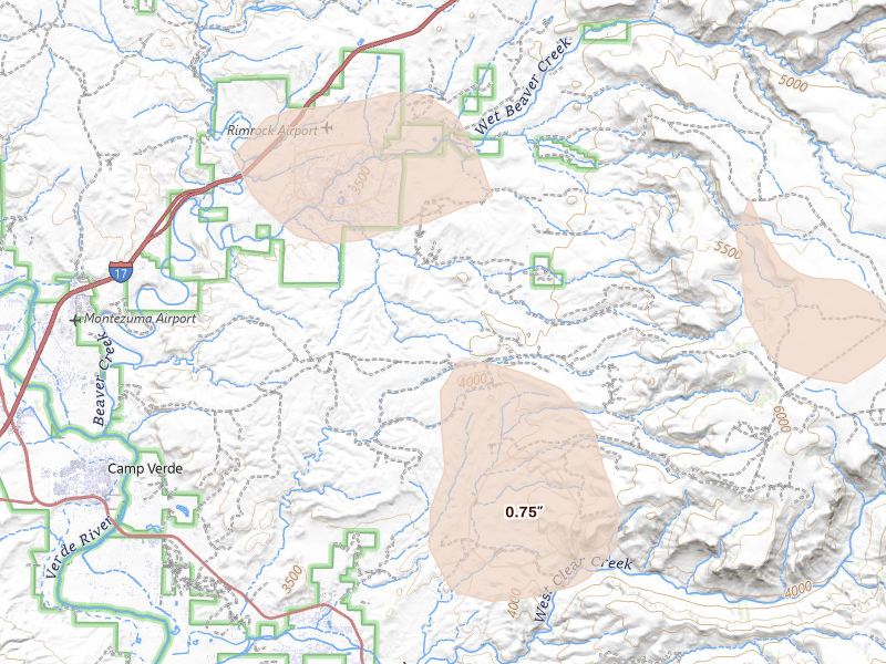 Radar-estimated hail-size map of the storm over Rimrock, AZ on Aug 5, 2026