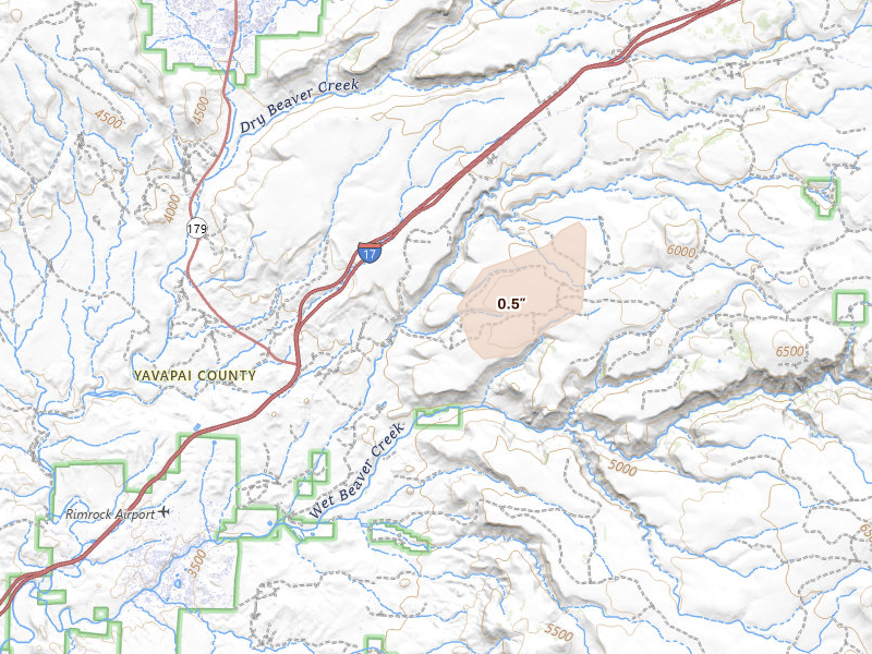 Radar-estimated hail-size map of the storm over Rimrock, AZ on Aug 29, 2026