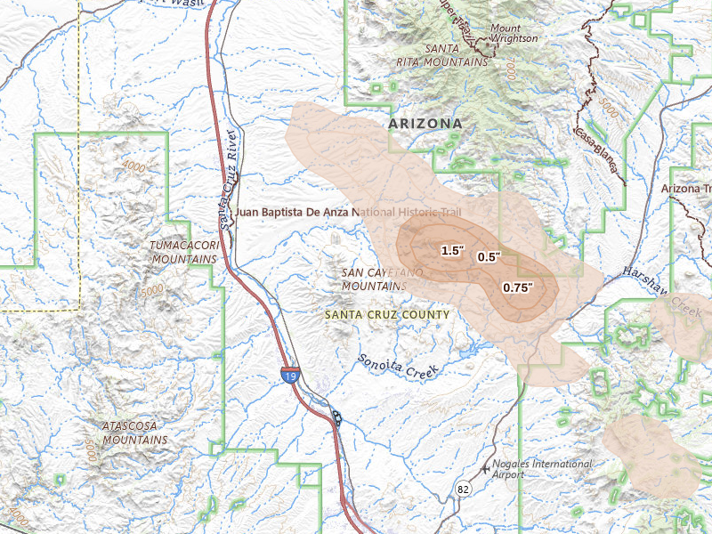 Radar-estimated hail-size map of the storm over Rio Rico, AZ on Jul 11, 2026