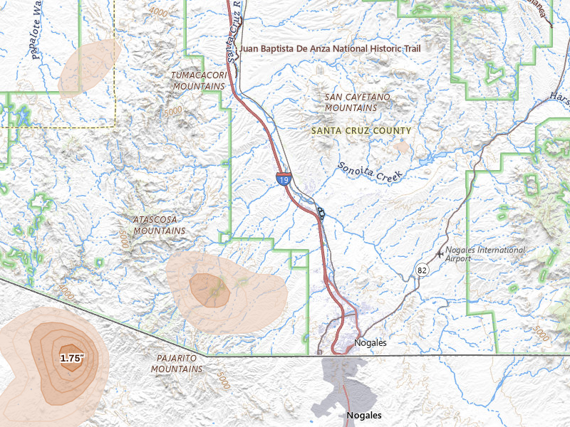 Radar-estimated hail-size map of the storm over Rio Rico, AZ on Aug 3, 2026