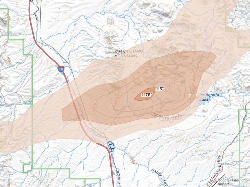 Radar-estimated hail-size map of the storm over Rio Rico, AZ on Aug 9, 2026