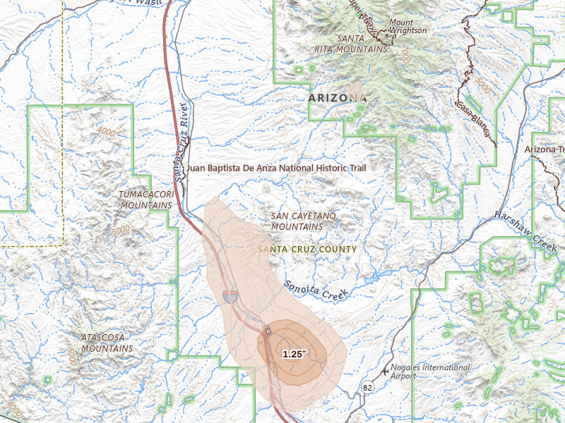 Radar-estimated hail-size map of the storm over Rio Rico, AZ on Aug 19, 2026