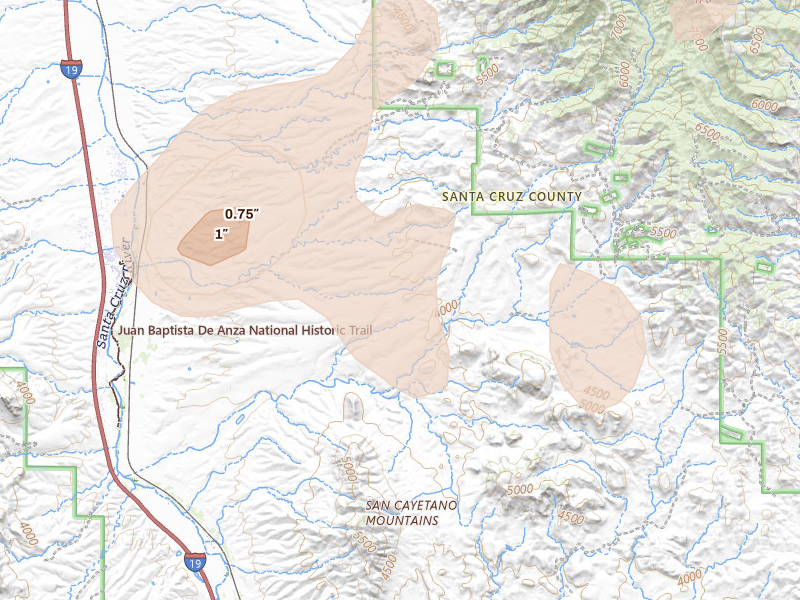 Radar-estimated hail-size map of the storm over Rio Rico, AZ on Aug 23, 2026