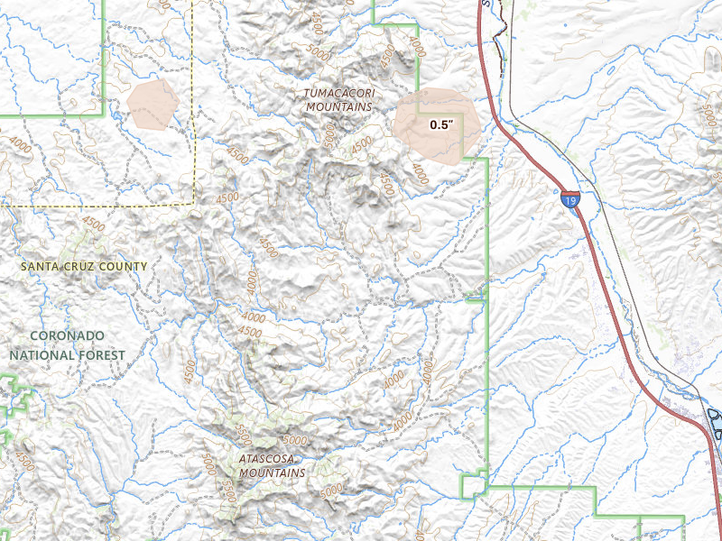 Radar-estimated hail-size map of the storm over Rio Rico, AZ on Aug 29, 2026