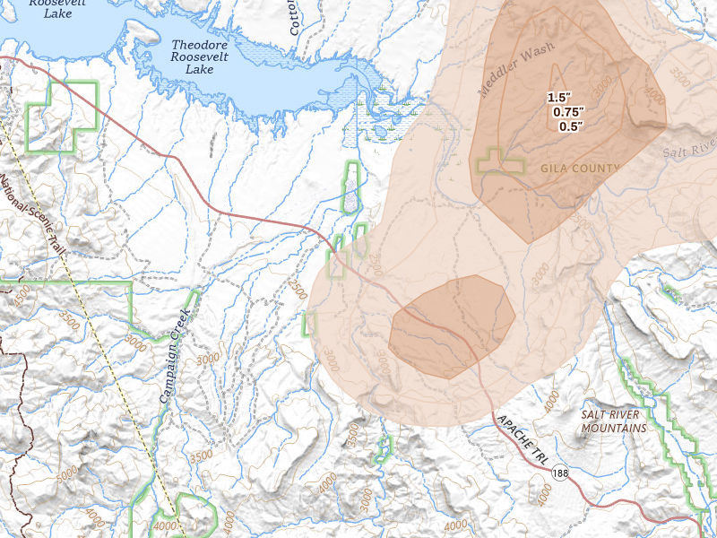 Radar-estimated hail-size map of the storm over Roosevelt, AZ on Jul 25, 2026