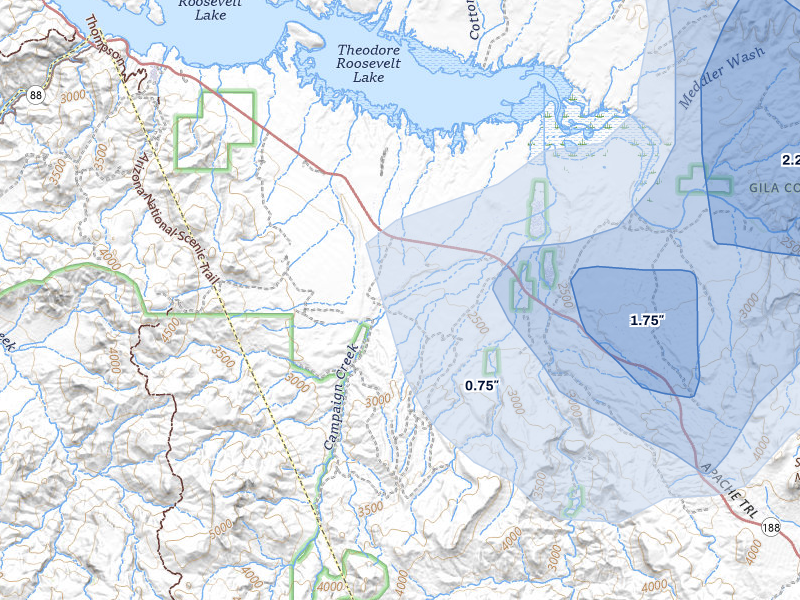 NEXRAD radar-signature map of the hail storm over Roosevelt, AZ on Jul 25, 2026