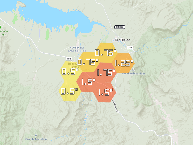 Hail map of Roosevelt, AZ on Jul 25, 2026, hail up to 1.75"