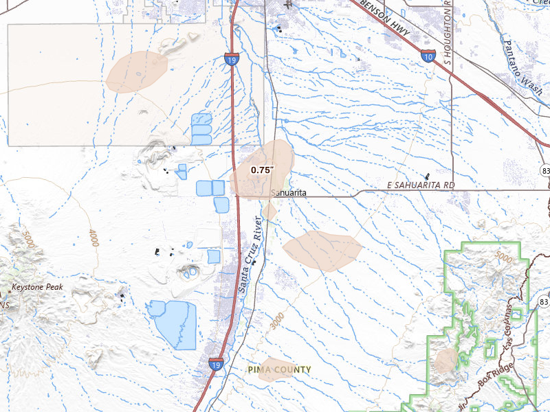 Radar-estimated hail-size map of the storm over Sahuarita, AZ on Jun 17, 2026