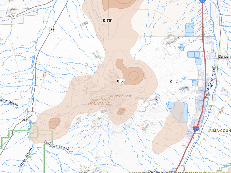 Radar-estimated hail-size map of the storm over Sahuarita, AZ on Aug 5, 2026