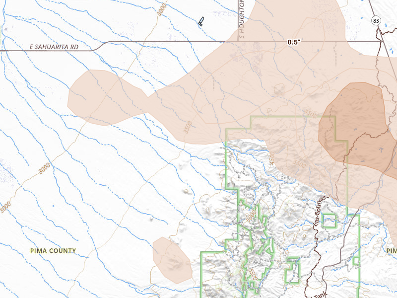 Radar-estimated hail-size map of the storm over Sahuarita, AZ on Aug 19, 2026