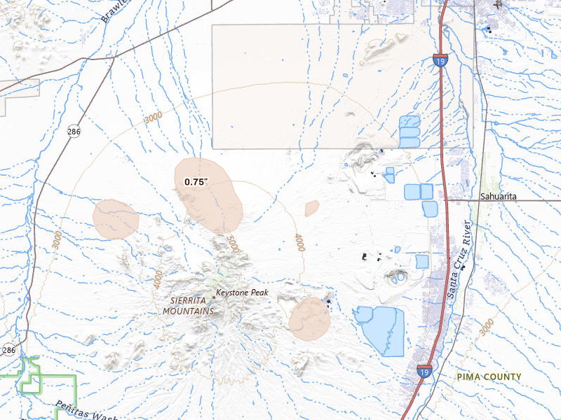 Radar-estimated hail-size map of the storm over Sahuarita, AZ on Aug 23, 2026