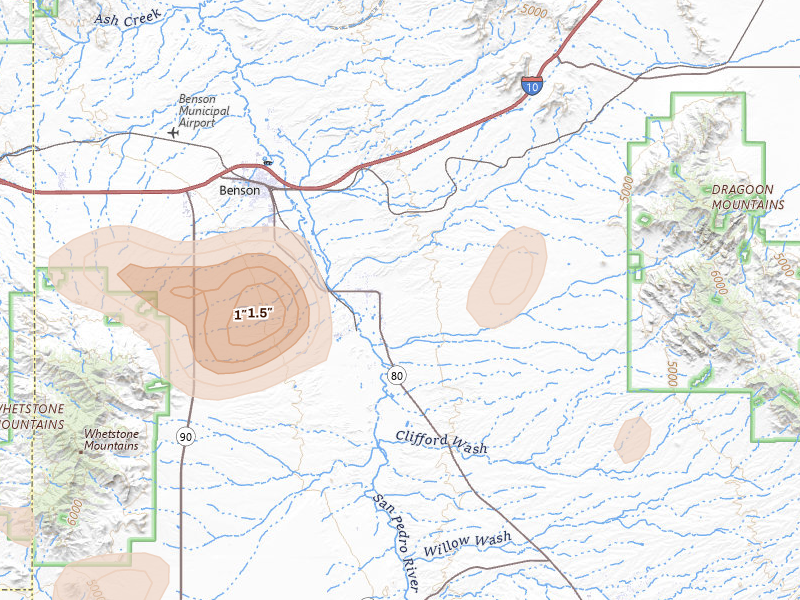Radar-estimated hail-size map of the storm over Saint David, AZ on Aug 19, 2026