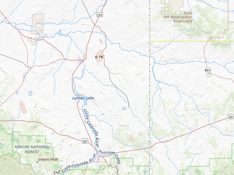 Radar-estimated hail-size map of the storm over Saint Johns, AZ on Jul 23, 2026