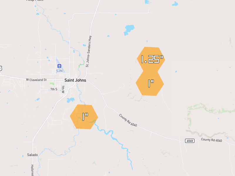 Hail map of Saint Johns, AZ on Jul 23, 2026, hail up to 1.25"