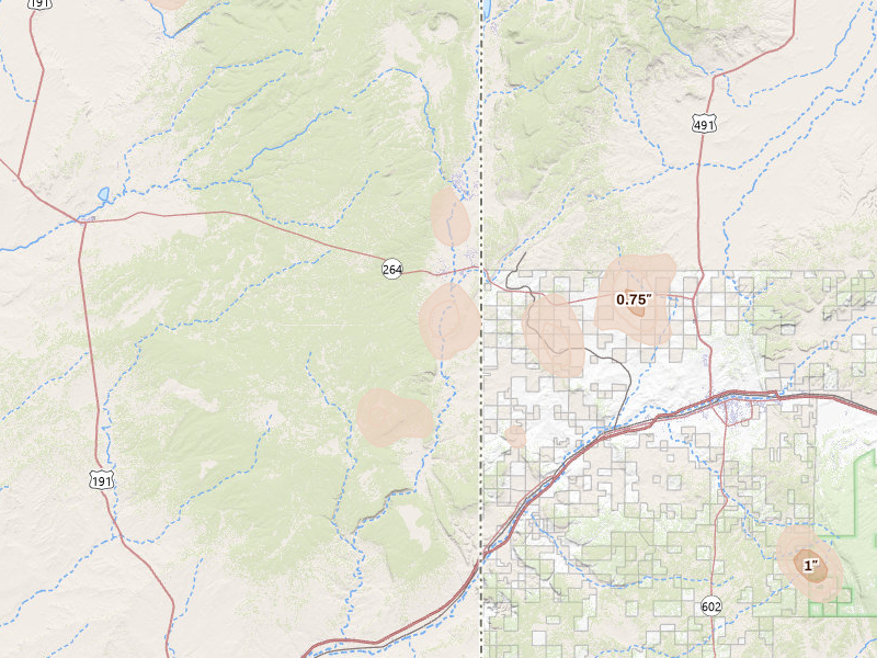 Radar-estimated hail-size map of the storm over Saint Michaels, AZ on Jul 28, 2026