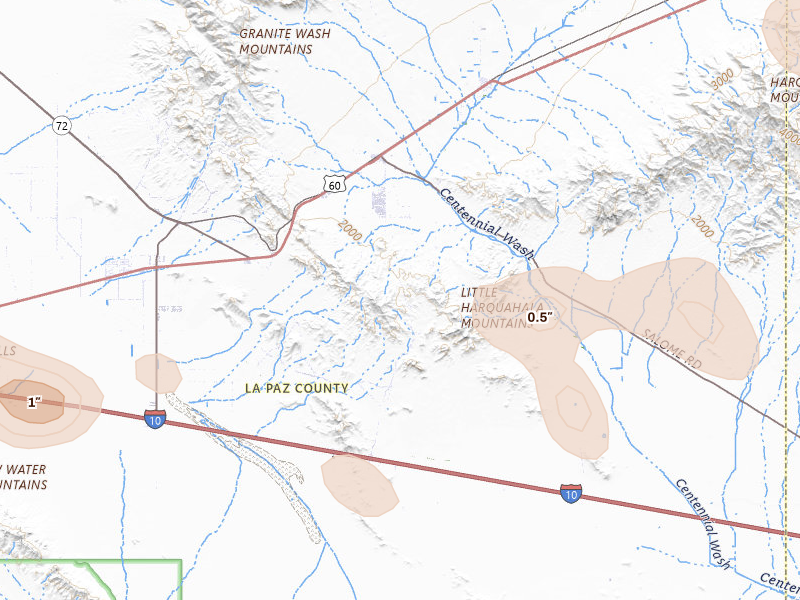 Radar-estimated hail-size map of the storm over Salome, AZ on Aug 9, 2026