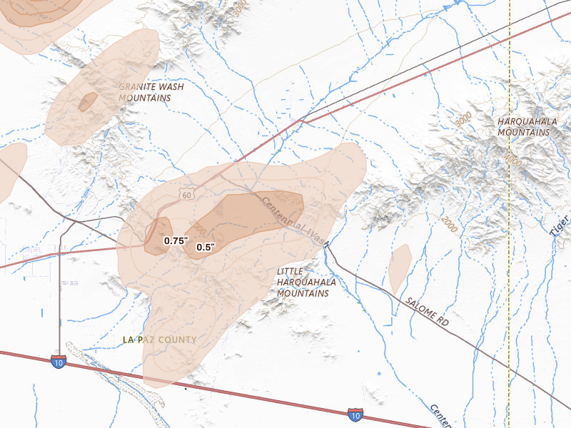 Radar-estimated hail-size map of the storm over Salome, AZ on Aug 30, 2026