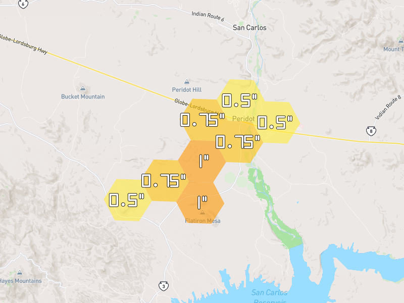 Hail map of San Carlos, AZ on Jul 8, 2026, hail up to 1"