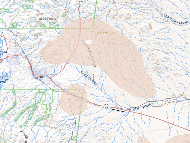 Radar-estimated hail-size map of the storm over San Carlos, AZ on Jul 11, 2026