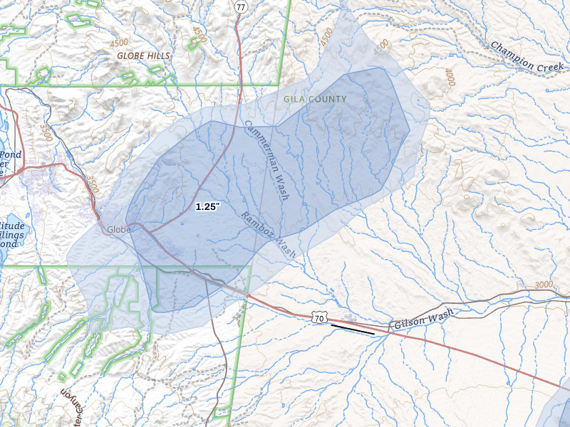 NEXRAD radar-signature map of the hail storm over San Carlos, AZ on Jul 11, 2026