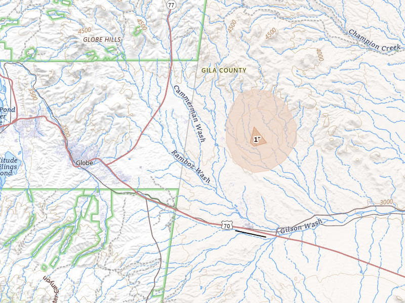 Radar-estimated hail-size map of the storm over San Carlos, AZ on Jul 23, 2026