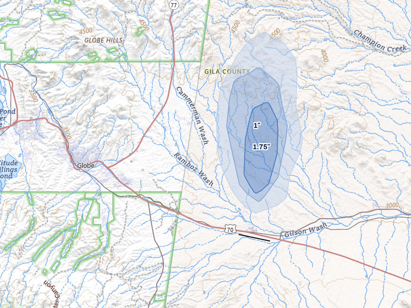 NEXRAD radar-signature map of the hail storm over San Carlos, AZ on Jul 23, 2026