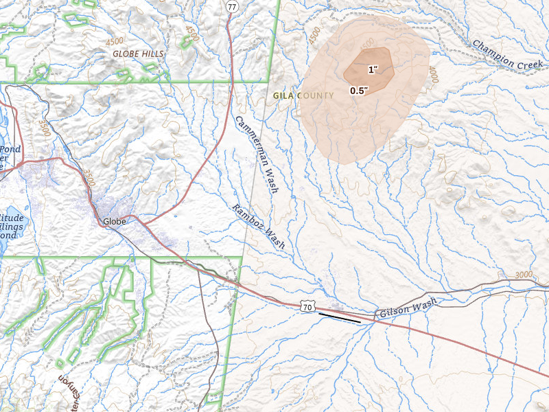 Radar-estimated hail-size map of the storm over San Carlos, AZ on Aug 20, 2026