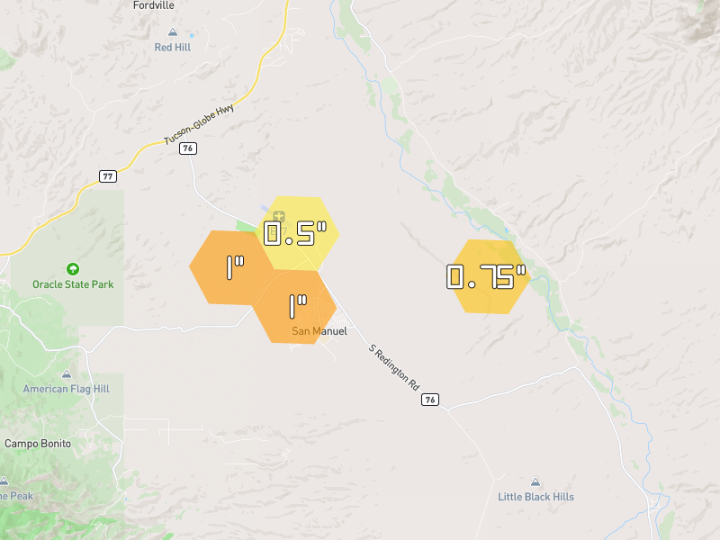 Hail map of San Manuel, AZ on Jul 12, 2026, hail up to 1"