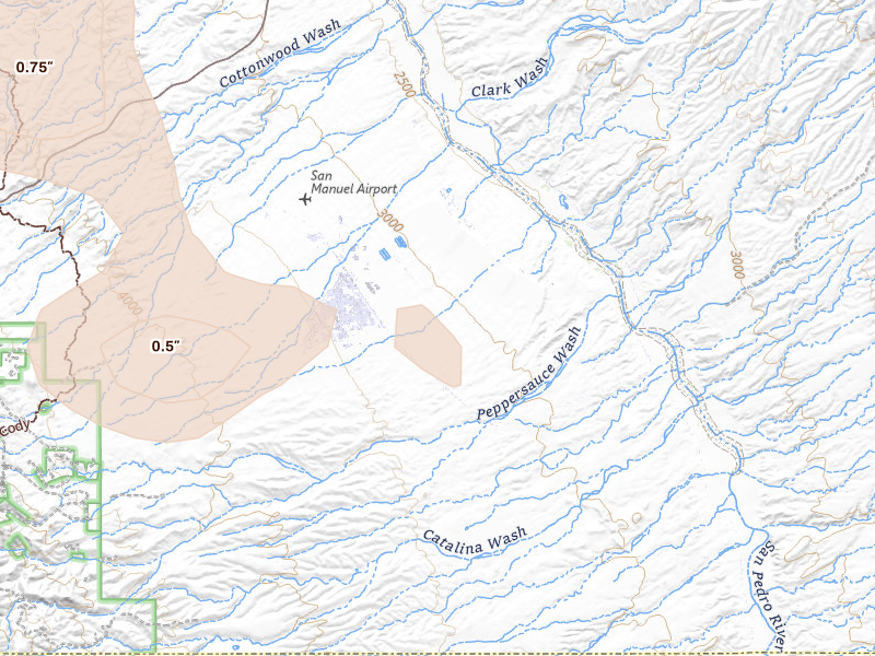 Radar-estimated hail-size map of the storm over San Manuel, AZ on Aug 27, 2026