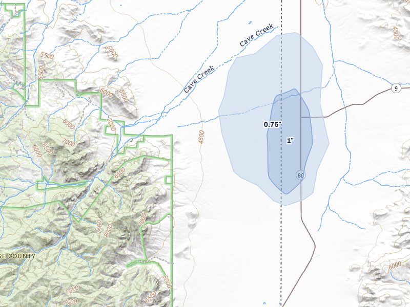 NEXRAD radar-signature map of the hail storm over San Simon, AZ on Jul 28, 2026