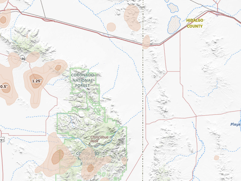 Radar-estimated hail-size map of the storm over San Simon, AZ on Aug 3, 2026